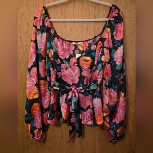 Francesca's Mi Ami Women's Size Large Floral Cinch Waist Tie Belt Boho-Chic Top